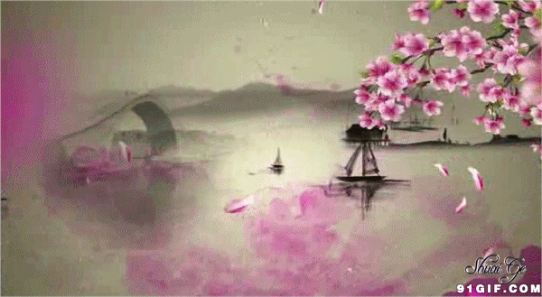 小舟行在落满花瓣的小河图片