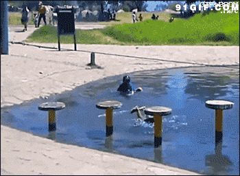 小屁孩跳木桩掉下水搞笑图片:小孩子,摔倒