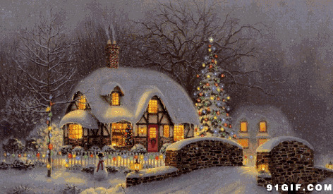 灯光明亮的圣诞小屋图片:灯光,圣诞,唯美