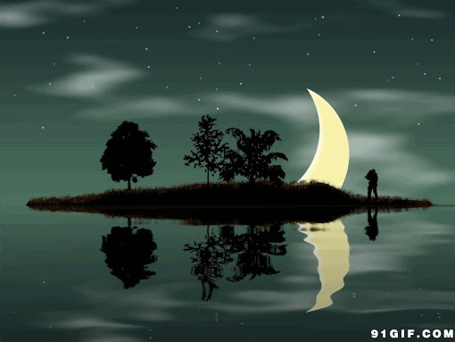 弯弯的月亮卡通图片:月亮,湖面,晚上