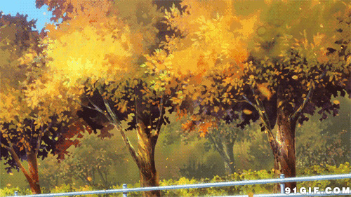 茂盛大树飘落的叶子唯美动画图片