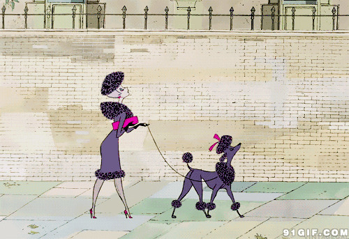 贵妇人牵狗狗散步动漫图片