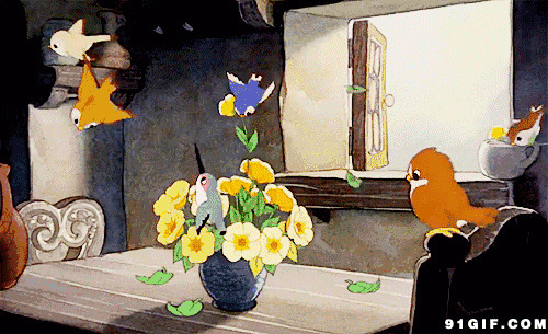 鸟儿叼花插满花盆动漫图片:小鸟,花朵,唯美