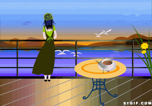 女子甲板观海鸥动画图片