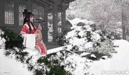 古装美女雪中弹琵琶图片:弹琵琶,下雪