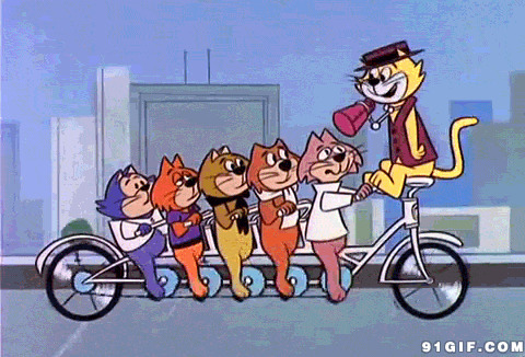 卡通猫猫齐心协力骑车图片