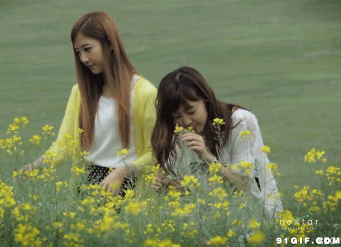 少女野外摘花闻花香图片:摘花,花朵,采花