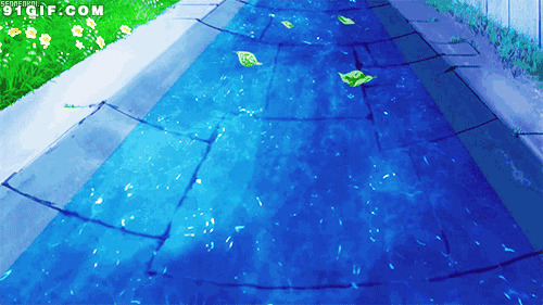 蔚蓝池水冲走树叶动漫图片