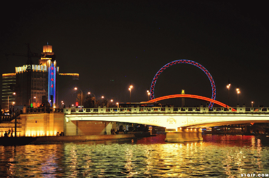 绚丽璀璨城市河岸夜景图片