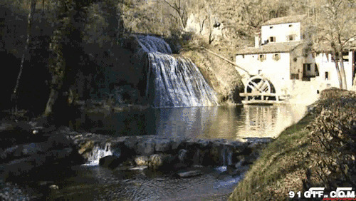 乡村瀑布风车自然美景图片:瀑布,风车