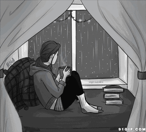 坐在窗前看雨动画图片:窗前,下雨,卡通