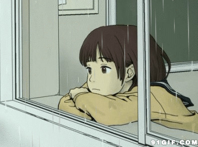 小姑娘窗前看雨孤独卡通图片