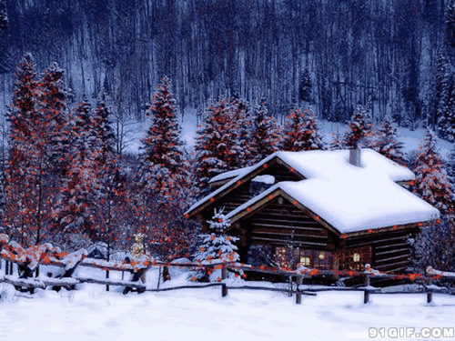 彩灯点亮雪山小屋图片:雪山,屋子,雪景