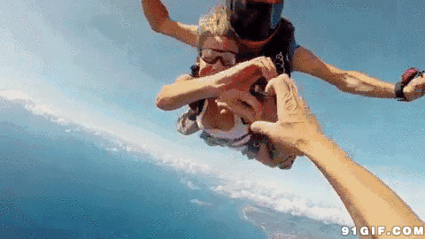 高空跳伞摆心形手势图片
