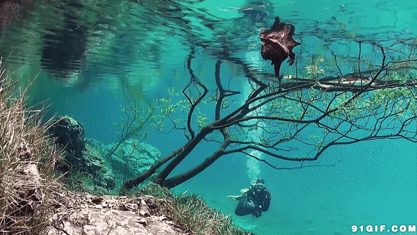清澈透明的湖底潜水员冒气泡图片:潜水员,风景,波浪