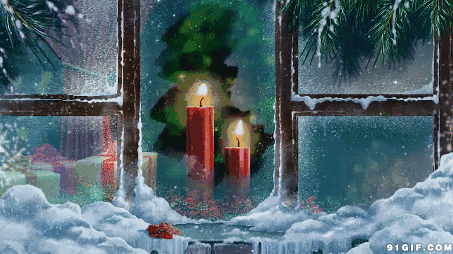落雪天屋里红蜡烛唯美图片:蜡烛,下雪