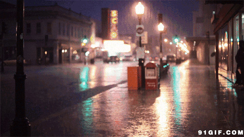 夜晚暴雨街头动态图:下雨,街道,夜景