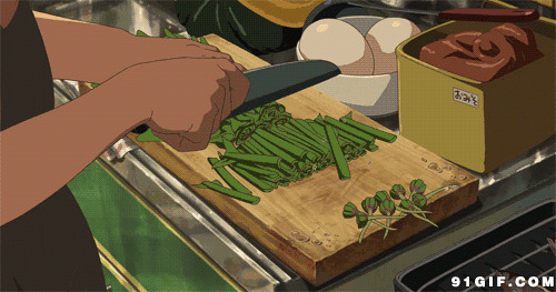 主妇粘板切菜卡通动态图:切菜,厨房,做饭,美食