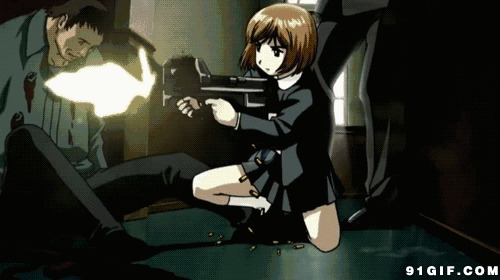 女孩持冲锋枪开火卡通动态图:冲锋枪,射击,开枪