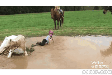 小孩骑马摔下水搞笑动态图:骑马,摔倒
