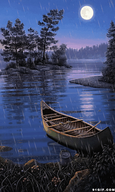 月下港湾雨中小舟卡通动态图:小舟,下雨,小船