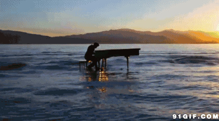 男子海水中专注弹钢琴图片