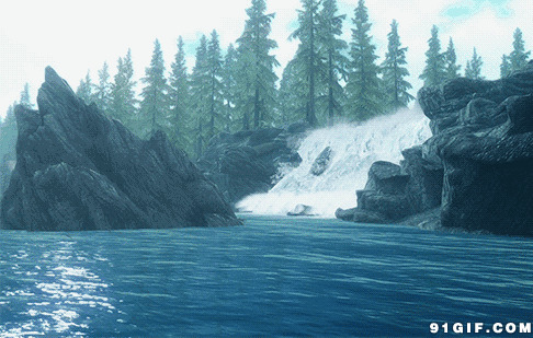 山林激流瀑布入江河图片:瀑布,江河,溪水