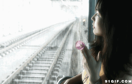 姑娘望着窗外的雨动态图:下雨,窗外,铁路