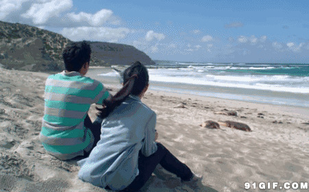 恋人海滩观海景动态图:海滩,风景,情侣,背影