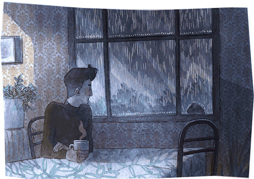 端杯热茶看窗外雨景卡通动态图:下雨,雨景,孤独