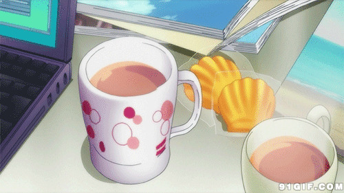 甜点和冒热气奶茶卡通动态图:点心,奶茶,杯子,唯美