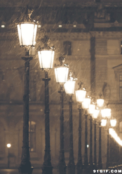 雨雪夜路灯唯美动态图:下雪,路灯