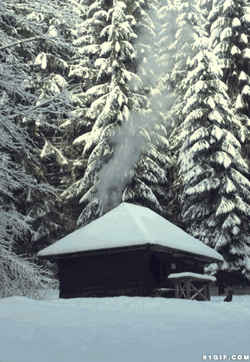 雪原小木屋炊烟袅袅动态图:风景,雪景,屋顶