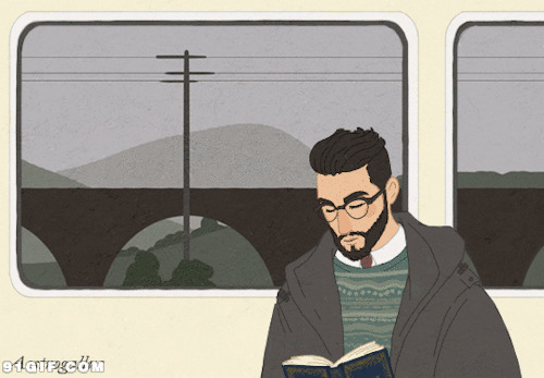 胡子大叔车窗看书动漫gif图:看书,车窗,火车
