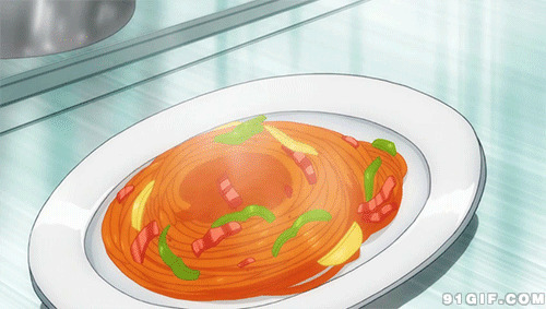 夹起盘中番茄面条动画gif图片:面条,动漫,卡通美食