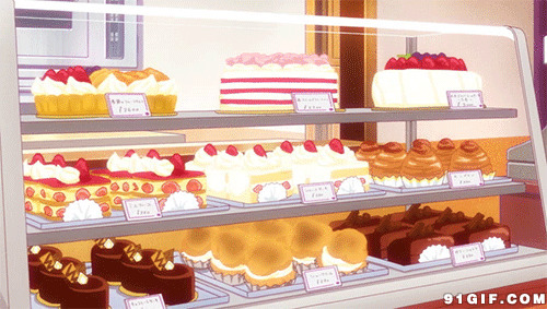 玻璃柜琳琅满目糕点卡通动态图:蛋糕,点心,卡通美食