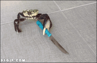 小螃蟹拿刀挥舞搞笑动态图
