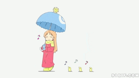 小姑娘打伞哼哼小曲卡通动态图:打伞,唱歌