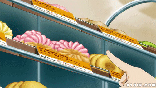 超市选购食品动画图片:面包,甜甜圈,美食
