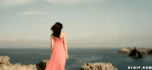 海边红裙女动态图:海边,背影