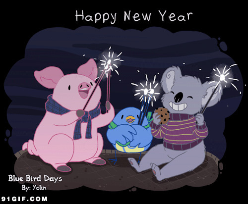 小动物放烟花贺新年动漫图片:新年快乐