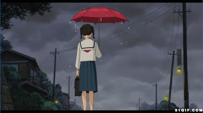雨中打伞学生妹卡通图片:撑伞