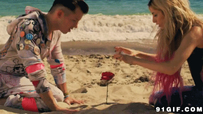 玫瑰花插在沙滩上图片