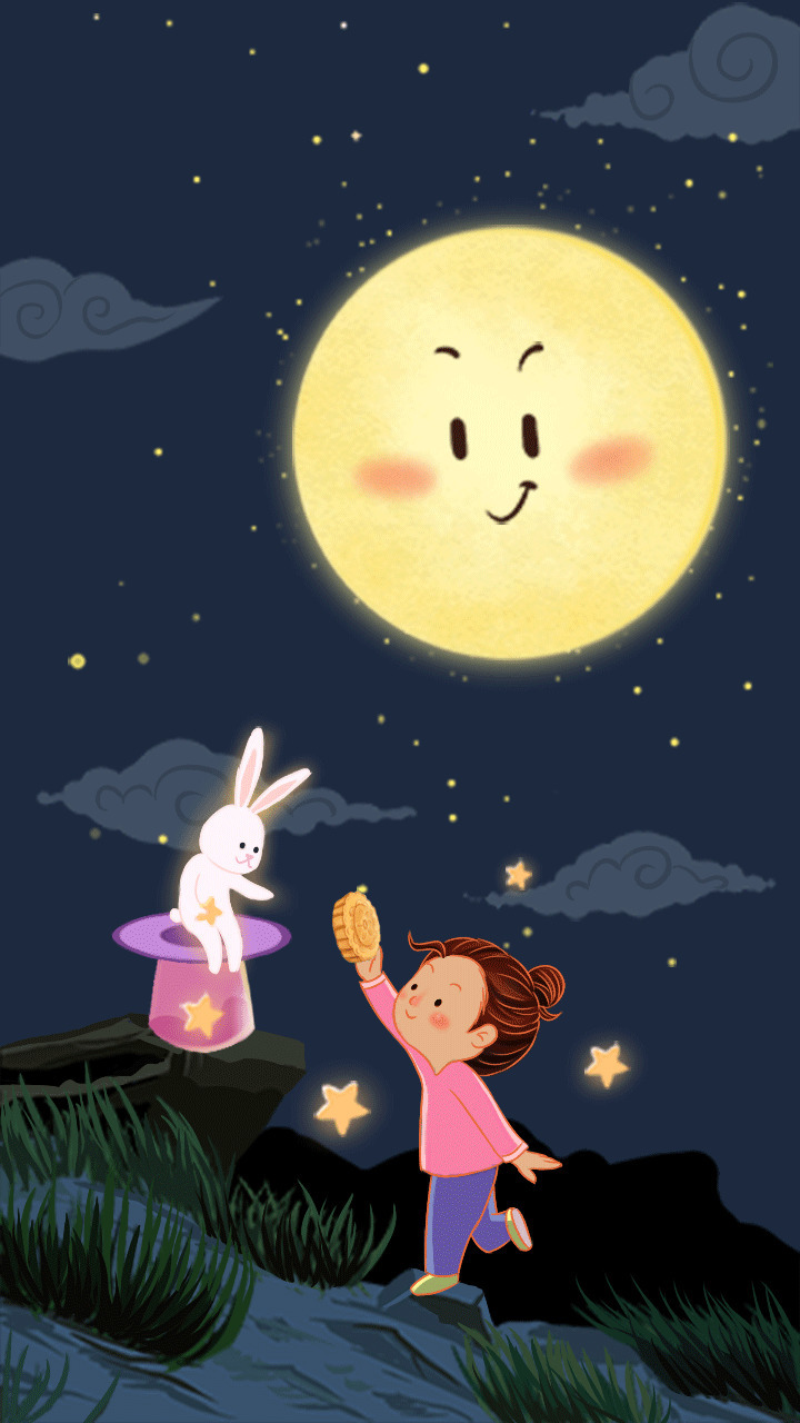 月下玉兔赏月饼gif图片:中秋节