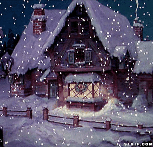 雪天的小木屋动漫闪图:下雪