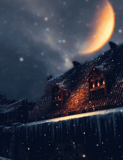 月下山城风雪gif图:飘雪
