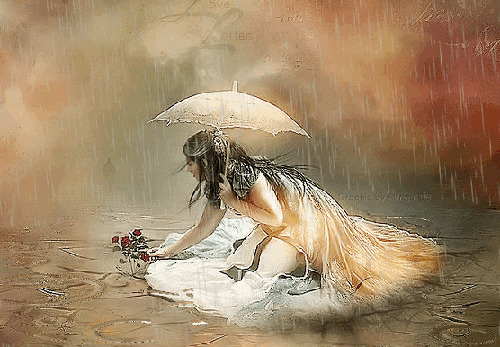 女人雨中摘花唯美图片