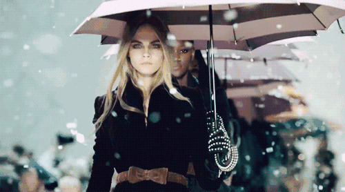 寒冬中一列性感的模特打伞走秀动态图片