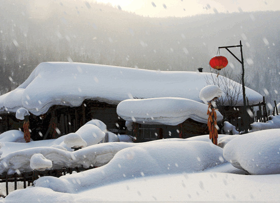 鹅毛大雪中的茅草屋动态图片
