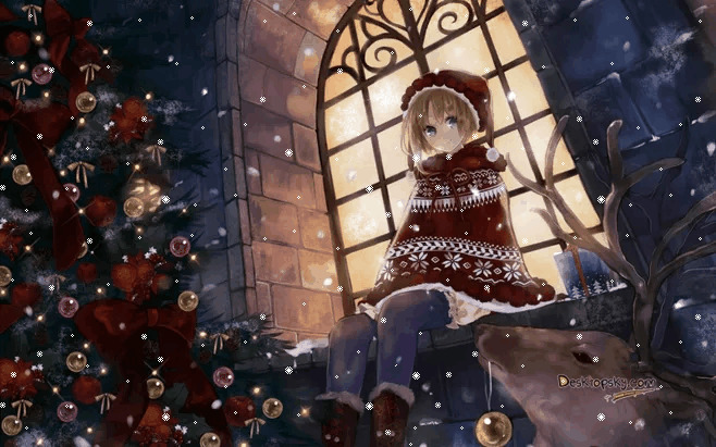 圣诞节卡通小女孩坐在窗边gif图片